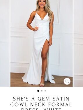 She's a Gem Satin Cowl Neck White Formal Dress with High Slit